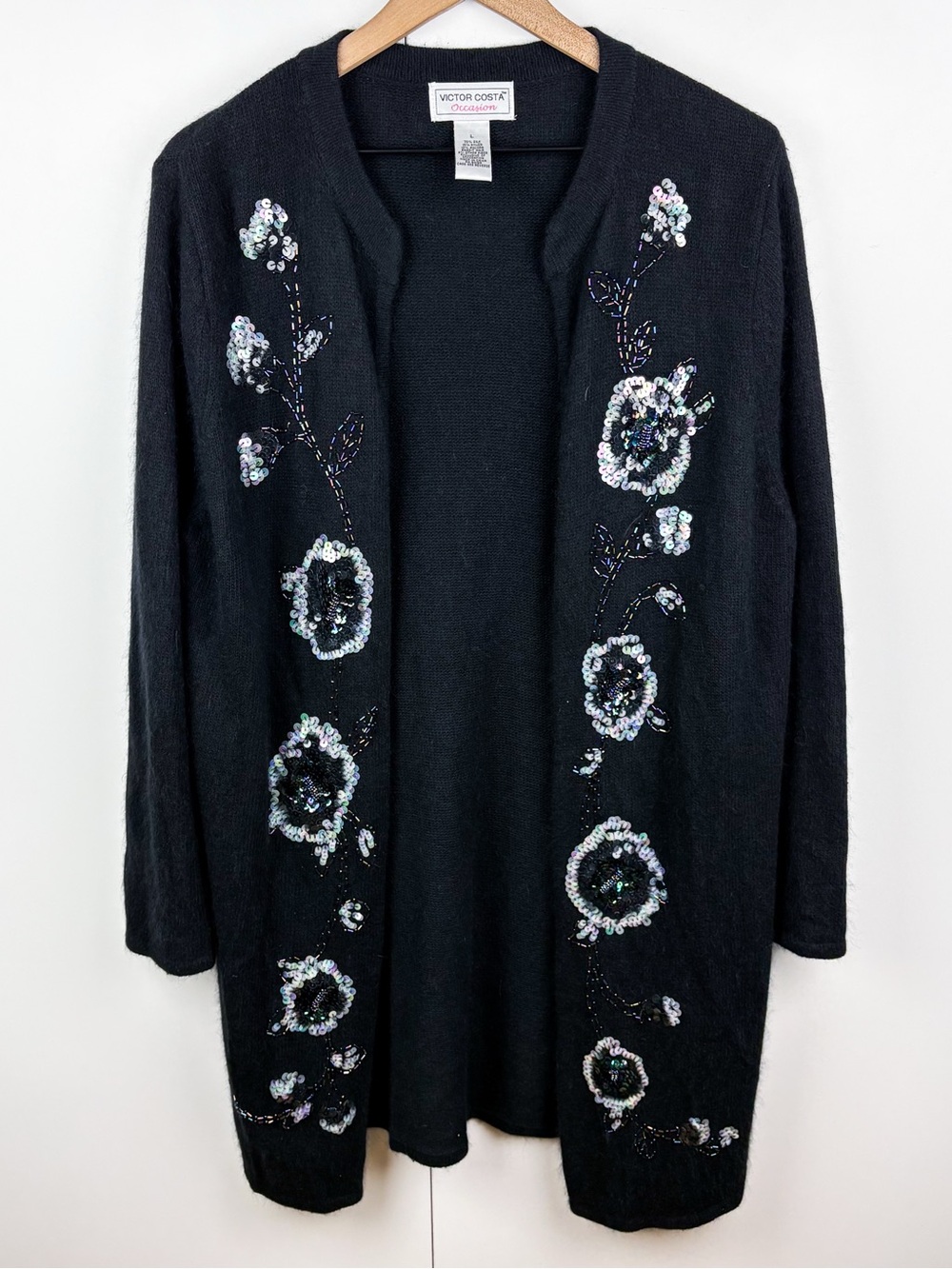 Victor Costa Silk Angora Floral Sequin Beaded Embroidered Long Cardigan Sweater